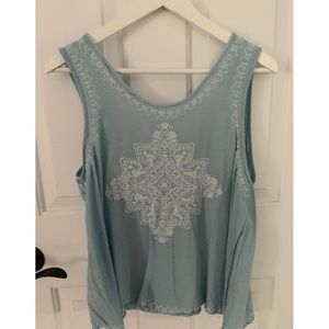 Blue and White Embroidered Tank Top with open back